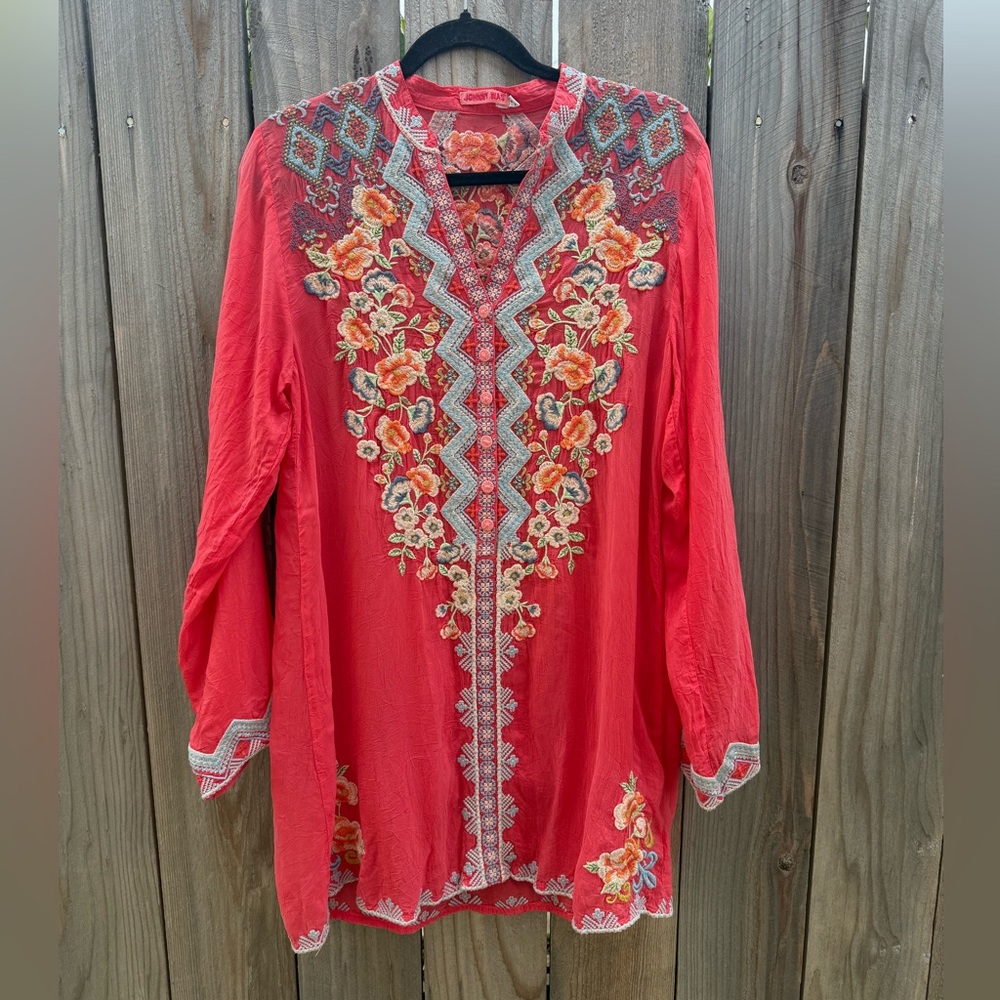 Johnny Was size small bright coral tunic beautiful